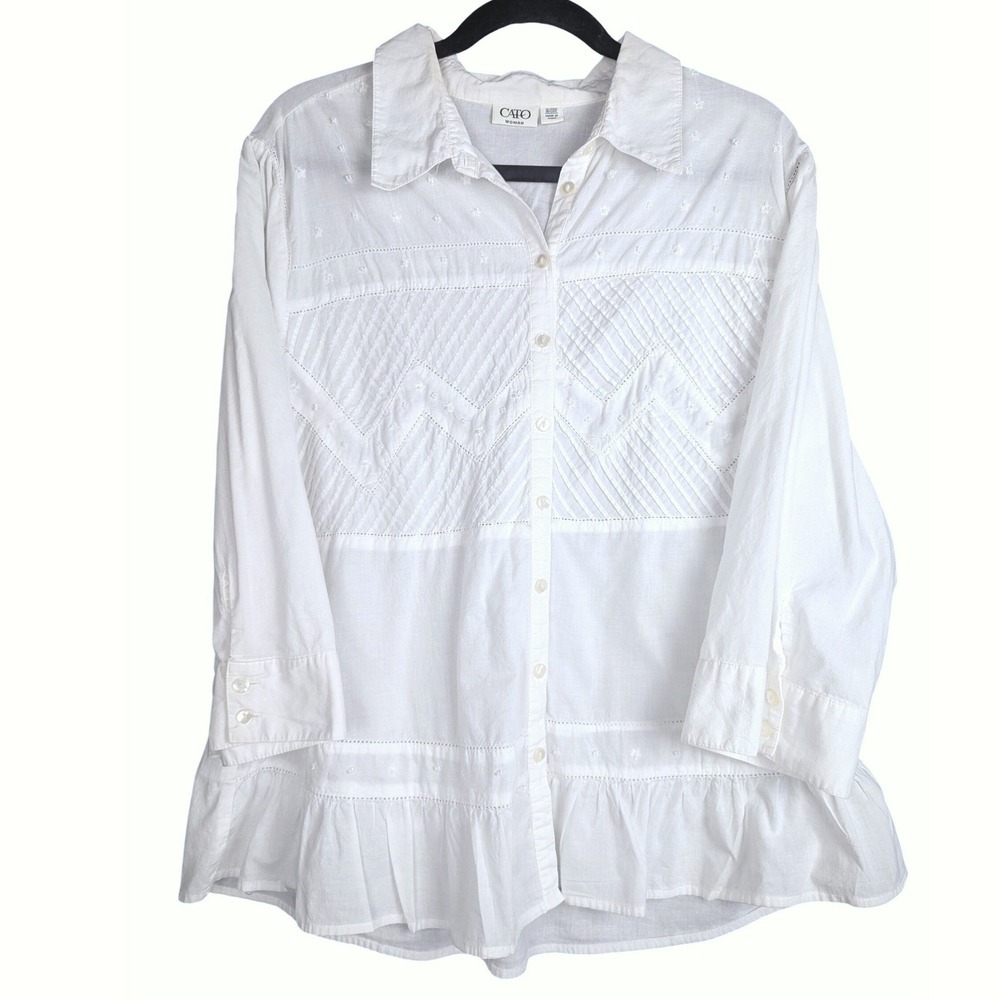 1X Cotton Cato Woman White Pintuck Embroider Button Down Blouse 3/4 Sleeve‎